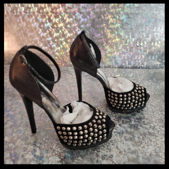 Breckelles Shoes - SILVER Embellished Gem Studded Black Platform Stilettos, Sky High & Supe…
